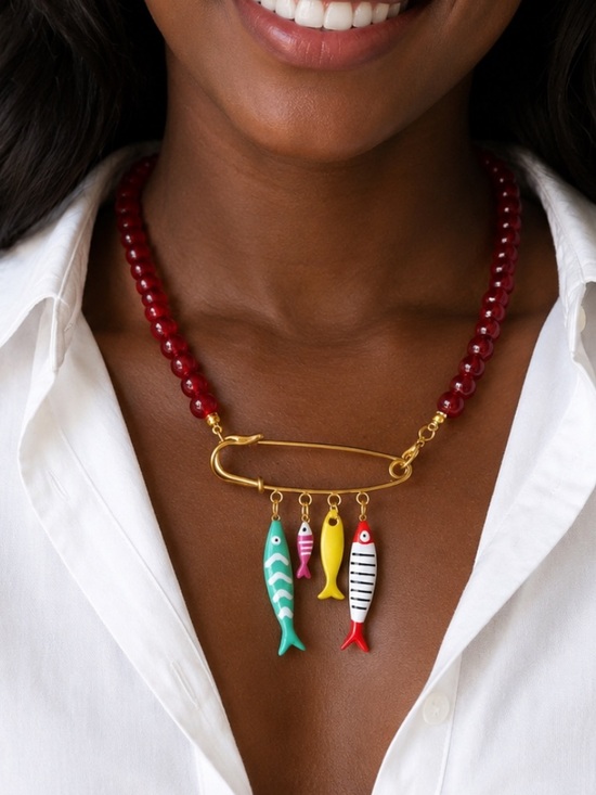 Anthropologie Jewelry - New! Coastal Red Beaded Gold Safety Pin Fish Charm Necklace NWOT (2005)